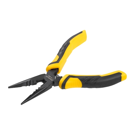 STANLEY STHT0-74363 long nose pliers with yellow and black handles, angled view on white background.