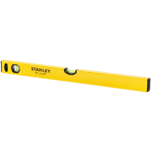 Yellow Stanley spirit level tool with two vials for measuring horizontal and vertical alignment.