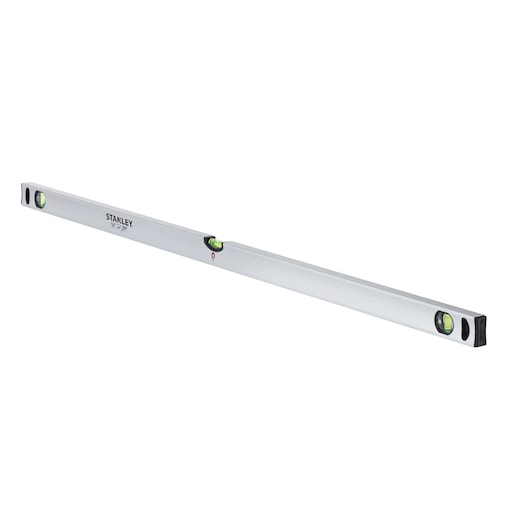 STANLEY STHT1-43114 spirit level, silver body, three vials, side angle, white background.