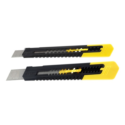 Two Stanley utility knives with black and yellow handles and retractable blades on a white background.