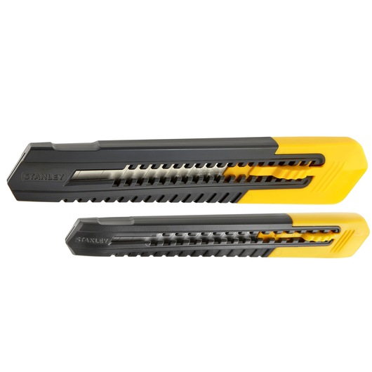 Two STANLEY utility knives with yellow and gray handles, shown side by side on a white background.