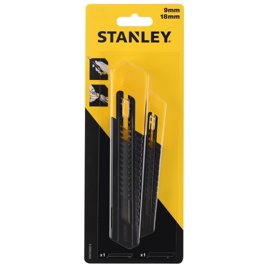 STANLEY STHT10202-0 photography, two black and yellow utility knives in retail packaging, front angle.