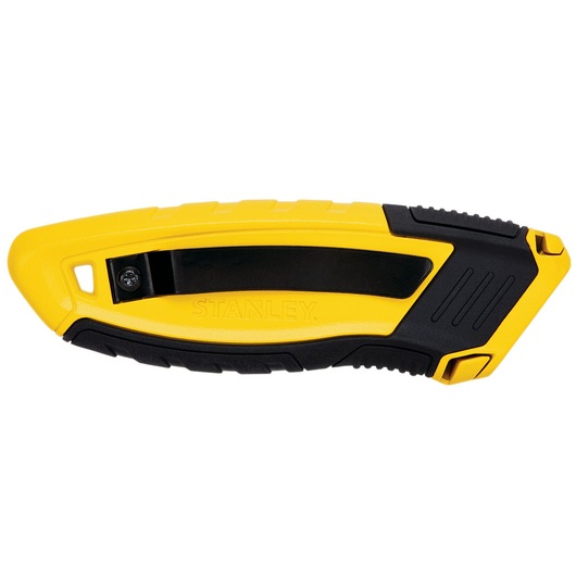 Photo of STANLEY STHT10432-0 yellow and black utility knife side view on white background.