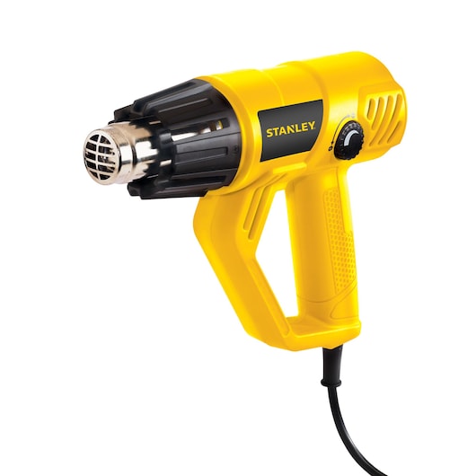 Photo of STANLEY STXH2000 yellow heat gun, right side view, with black nozzle and dial, product photography.