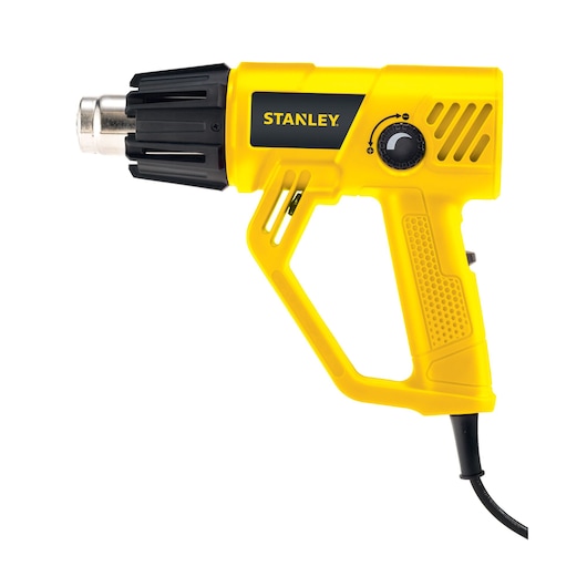 STANLEY STXH2000 yellow heat gun with black accents, side angle, visible temperature control knob and power cord.