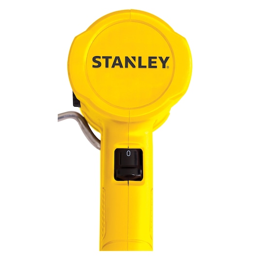 Photo of STANLEY STXH2000 yellow heat gun handle with power switch, top view, product photography.